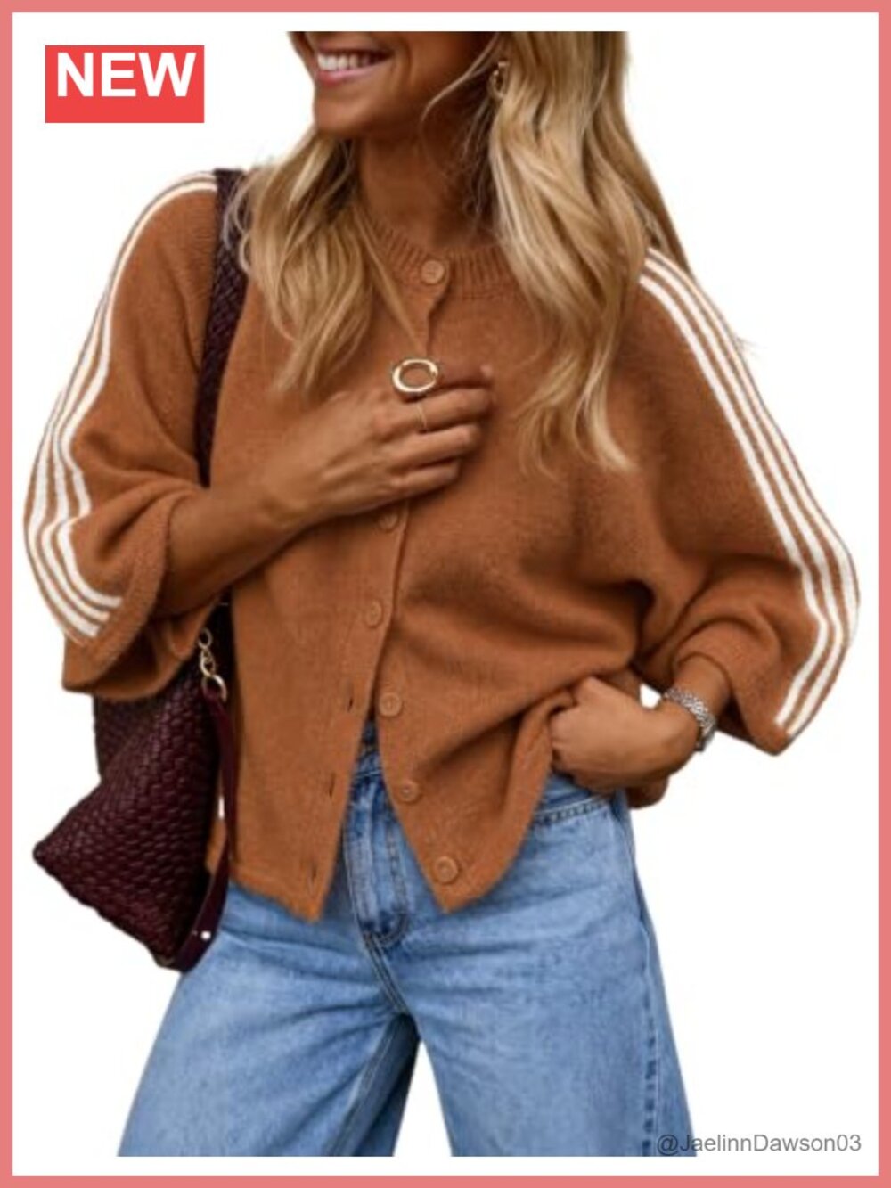 Women's Oversized Color Block Striped Button Up Cardigan Crew Neck Loose Fit